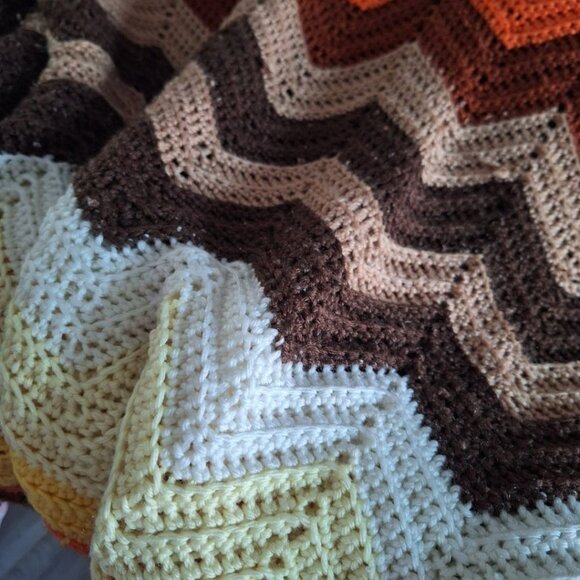Handmade Afghan Blanket Orange Brown Fall Knit Crochet About 50 x 100 Inches - Picture 6 of 9